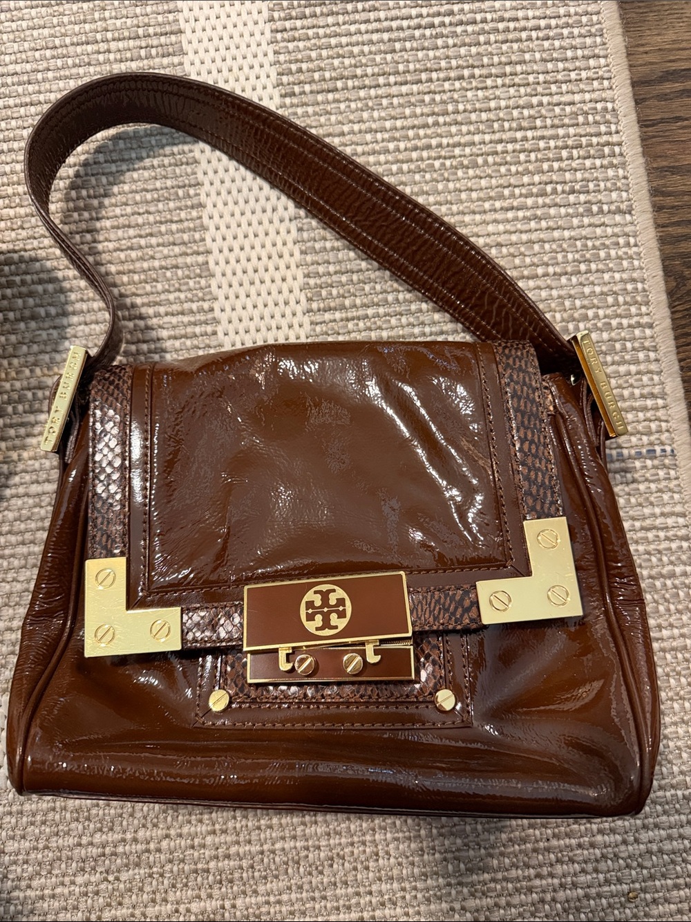 Tory Burch Brown Patent Leather Shoulder Bag with Gold Hardware